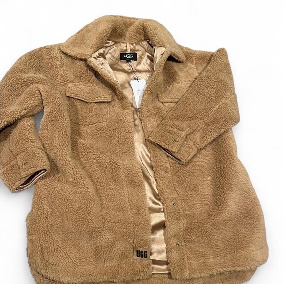 UGG Frankie UggFluff Sherpa Teddy Mid Shirt Jacket Shacket Camel $228 Large - Picture 1 of 2